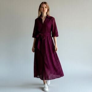 Simorra Barcelona Eyelet Shirt Dress Women's US 2 Burgundy 100% Cotton Belted